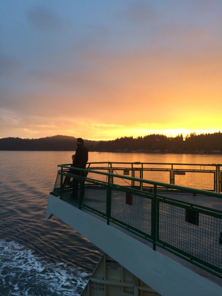 Sunset behind Restoration Point on Bainbridge Island. As seen from the Bainbridge/Seattle Ferry. Jen Pells